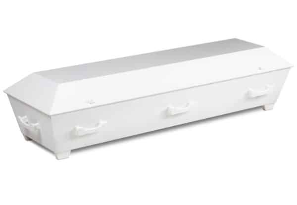 Rimelig hvit kiste (likkiste) i spon til begravelser og bisettelser