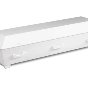Rimelig hvit kiste (likkiste) i spon til begravelser og bisettelser